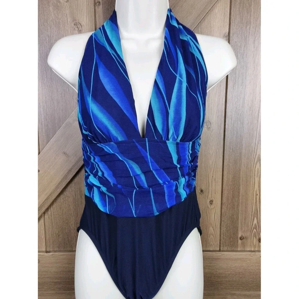 Vintage 90s Halter‎ One Piece Swimsuit Blue Ruched Waist Size 14